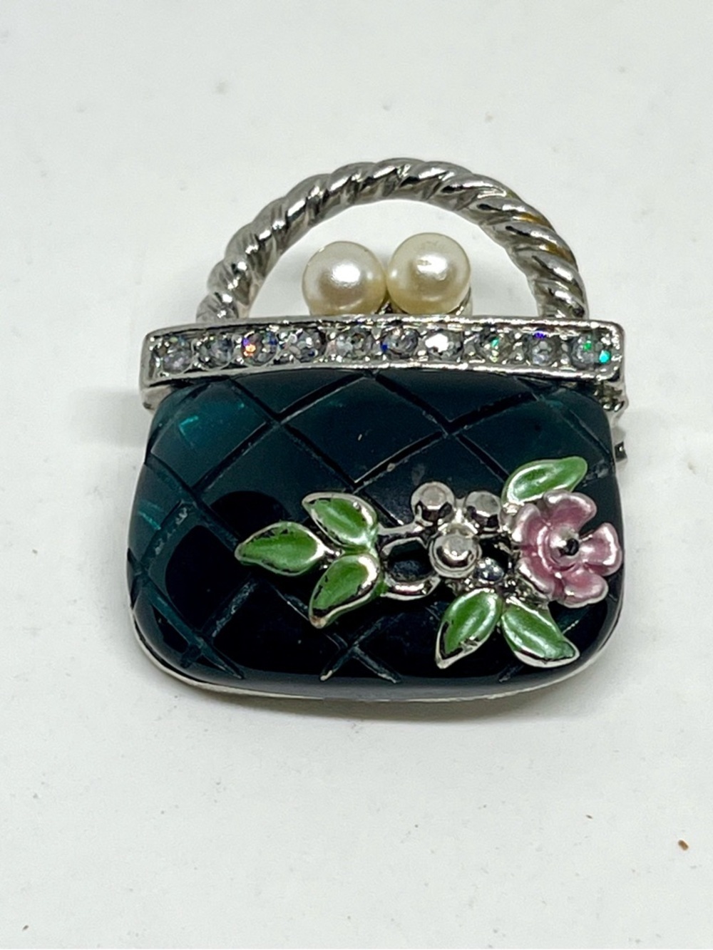 Teal Enamel Handbag Brooch with Pink Flower & Pearl Accents